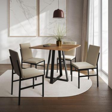 Imagem de Conjunto De Jantar Mesa Mônaco 90cm Tampo Imbuia Com 4 Cadeiras Estofadas Bege Preto