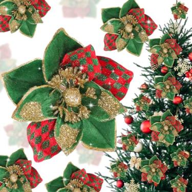 Imagem de Norme 15 peças, 3 tamanhos de veludo, flores de magnólia com glitter, flores artificiais de poinsétia com hastes, enfeites de árvore de Natal para decoração de Natal e guirlanda de Natal (vermelho e