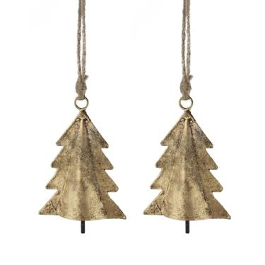 Imagem de Trrystals Detalhe de parede de ferro rústico – Conjunto de 2, decoração de metal feita à mão com corda para uso interno e externo (Sino suspenso de latão de árvore de Natal 3D, 10 cm 7,6 cm)