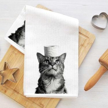 Imagem de Toalhas de cozinha de gato fofo, papel higiênico bem-humorado impressão animal microfibra absorvente pano de prato decorativo toalha de chá, toalhas de mão waffle para cozinha, casa, banheiro