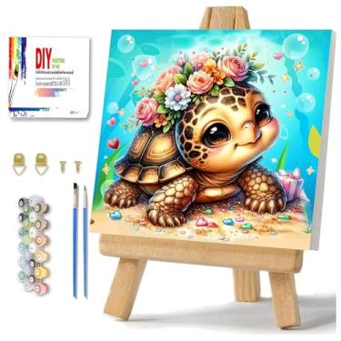 Imagem de Yunruily Pintura de tartarugas marinhas por números com moldura – Kit de pintura por números para crianças, tartarugas marinhas para crianças, kits de pintura por números de 8 a 12 anos com cavalete