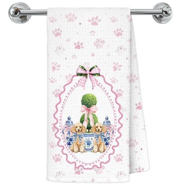 Imagem de Exqcom Blue Chinoiserie Toalhas de cozinha de cachorro Poodle de Natal, presentes de Poodle para mulheres, toalhas de chá para decoração de cozinha, arco coquete rosa árvore de Natal patas de cachorro
