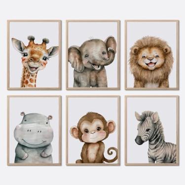 Imagem de RERNIE Conjunto de 6 pinturas de arte de parede de animais selvagens, estilo boêmio, impressões em tela de quarto de crianças, girafa, elefante, leão, hipopótamo, macaco e zebra, para pôsteres de