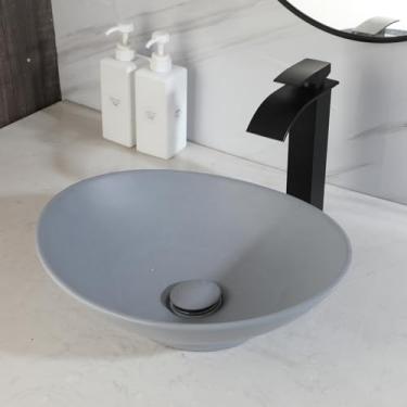 Imagem de Sinku Mccut Tigela de pia de vaso de banheiro de 40,6 x 30,5 cm, pia de vaso de resina de pedra cinza oval moderna acima do balcão