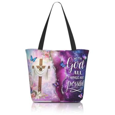 Imagem de TREKTOTS Sacola cristã para mulheres, versículo bíblico inspirador e impressão cruzada, With God All Things Are Possible, bolsa de mercearia reutilizável baseada na fé com zíper