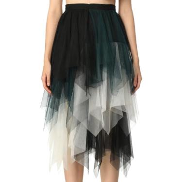 Imagem de UniqKaliber Saia feminina assimétrica de tule com cintura elástica, tutu em camadas, comprimento midi para festa à fantasia