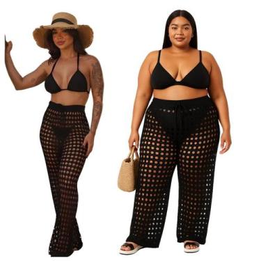 Imagem de Calça Saída de Praia Feminina Slim e Plus Size em Tricô Crochê Boho Ch