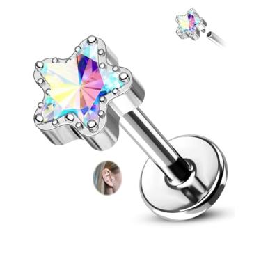 Imagem de CM Crareesi Mania Brincos de hélice estrela de titânio 16G cartilagem rosca interna Tragus brinco de pino traseiro plano hipoalergênico Medusa piercing joia, Titânio, Zircônia cúbica