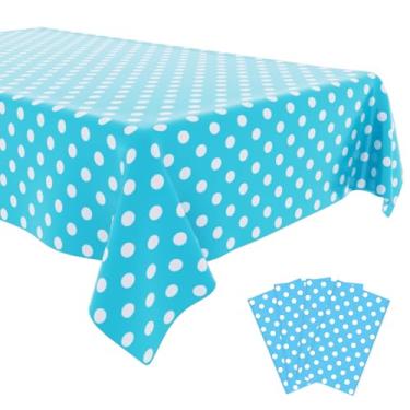 Imagem de OLIVBIN Pacote com 4 toalhas de mesa de bolinhas azuis, toalhas de mesa azuis e brancas, capa de mesa retangular de plástico descartável, adequada para mesas retangulares (137 x 272 cm)