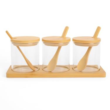 Imagem de Conjunto de Potes de Vidro com Tampa de Bambu 3 Peças Base Organizadora Porta Condimentos e Temperos para Cozinha