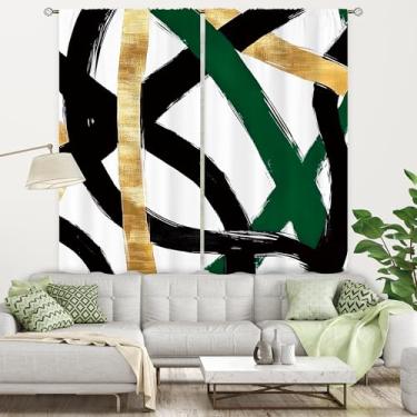 Imagem de Kalmico Cortinas douradas verde-esmeralda preta 106 cm L x 150 cm C Abstrata Moderna Minimalista Contemporânea Linha Geométrica Bolso para Haste Sala de Jantar Quarto Cortinas Decoração 2 Painéis