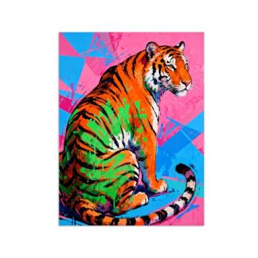 Imagem de Animais Pintura Arte Parede - Tigre Laranja-Verde - Impressões em tela - Moderno Colorida Pôster para decoração sala de estar 80x105cm Sem Moldura