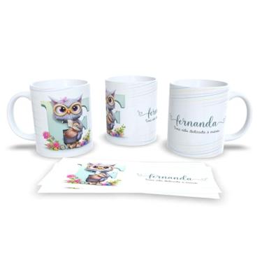 Imagem de Caneca Personalizada Aline, Design Coruja com Letra A, Frase Motivacional Professor, Listras Coloridas Pastel (f)