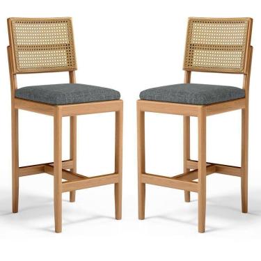 Imagem de Kit Com 2 Banqueta Milena Madeira Maciça Assento Estofado Encosto De Tela Palha Sextavada Linho Chumbo 406