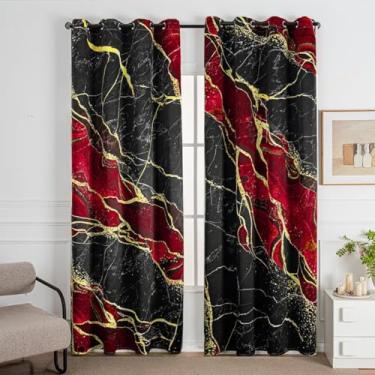 Imagem de Cortinas blecaute de mármore vermelho e preto 213 cm de comprimento, 2 painéis, arte abstrata, veias douradas, isolamento térmico, cortinas escurecidas, textura de cristal, cortina de janela para