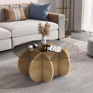 Imagem de Yadlan Mesas de centro redondas de vidro elegante mesa de centro redonda com pernas de madeira maciça e mesa de vidro temperado para sala de estar casa pequeno espaço recepção mesas de escritório cor
