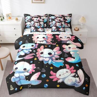 Imagem de Erosebridal Jogo de cama com estampa de axolote azul, 7 peças, desenho animado salamandra, para crianças, meninos, meninas, amantes de axolotl, conjunto de cama com edredom