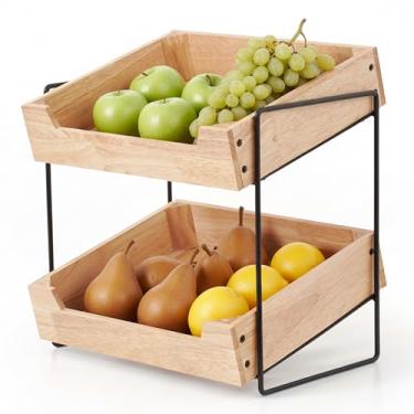 Imagem de LIBKEN Organizador de bancada de cesta de frutas de 2 camadas – suporte de frutas de borracha e metal – Armazenamento mínimo de design escandinavo para frutas, legumes, pão e lanches – Design de fluxo
