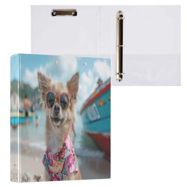 Imagem de Kigai Fichário de 3 anéis, organizador de fichário redondo com prancheta (carta A4), fichário fofo para material de escritório escolar - cachorro bonito à beira-mar