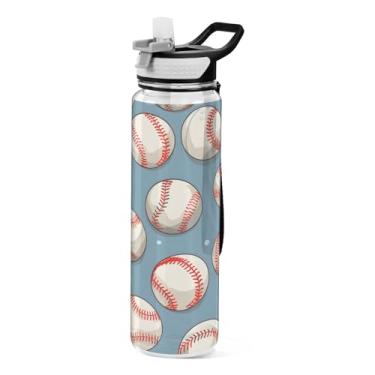 Imagem de CEBUGI Garrafa de água esportiva de fundo de bolas de beisebol de 850 g com alça removível e canudo, garrafas de boca larga sem BPA, plástico reutilizável Tritan para escola, academia, viagem
