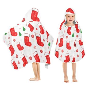 Imagem de Burbuja Meias de Natal com capuz toalha de banho para crianças, toalha de praia de pelúcia macia absorvente para chá de meninas e meninos 3-10 anos, 61 x 127 cm