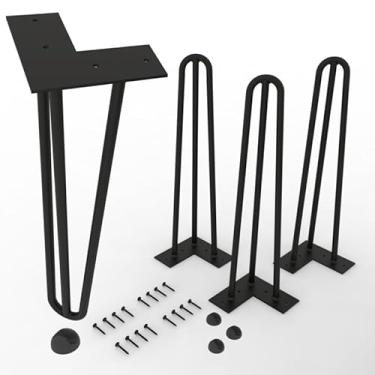 Imagem de youkzuan 4X Pernas de mesa de aço de 12 mm de espessura, pernas de grampo de cabelo com design de haste dupla (41 cm, 3 suportes), pés de móveis para mesa DIY ou mesa de jantar, incl. protetor de chão
