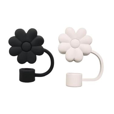 Imagem de 2 peças de capas de palha de flor preta de 10 mm para copos Stanley 30 e 1,134 g, acessórios para copos de silicone, tampas de palha reutilizáveis para canudos Stanley de 1 cm