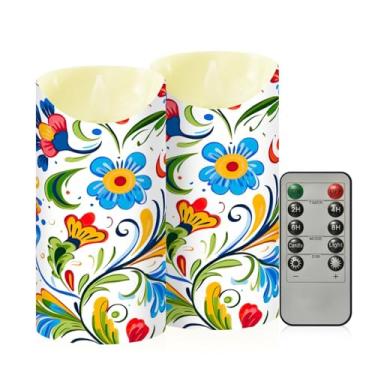 Imagem de Wassud Pacote com 2 velas coloridas sem chama com padrão de flores com controle remoto, velas realistas cintilantes com temporizador, velas decorativas para Natal, casamento, festa, decoração de casa