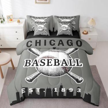 Imagem de Erosebridal Jogo de cama solteiro de beisebol para meninos, softball, 7 peças, jogo de cama esportivo, para quarto de crianças e adolescentes, (Chicago) cinza