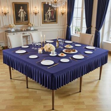 Imagem de Toalha de mesa quadrada azul marinho, 152 x 152 cm, sem rugas, cetim azul marinho, toalha de mesa ajustada para mesas quadradas, capa de mesa plissada lavável para casamento, aniversário, coquetel