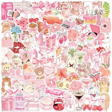 Imagem de Pacote de 100 peças de adesivos Coquette - adesivos estéticos fofos de vinil à prova d'água para meninas | Laptop, garrafa de água, telefone, decoração de guitarra (designs rosa aleatórios)