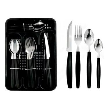 Imagem de Conjunto de Talheres em Aço Inox Preto, 25 Peças, com Porta Talher, Cabos em Polipropileno, 6 Garfos, 6 Facas, 6 Colheres de Mesa, 6 Colheres de Chá