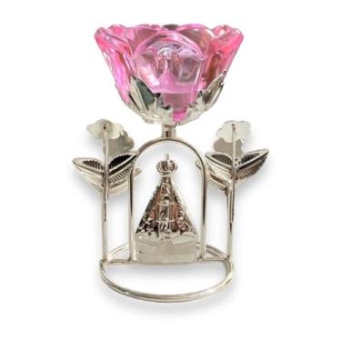 Imagem de Porta Vela Castiçal com Flor de Vidro e Base de Metal, Inclui Mini Vela(Rosa)