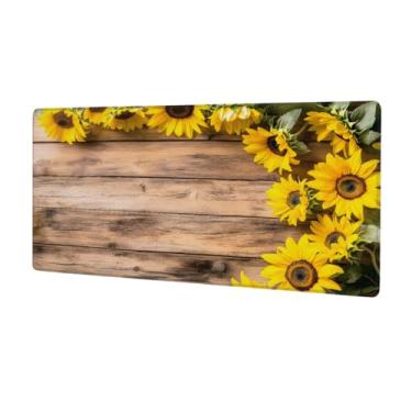 Imagem de Tapete de mouse floral de madeira de girassol grande à prova d'água para computador protetor de mesa com base de borracha antiderrapante para escritório, computador, teclado, laptop e mesa de casa