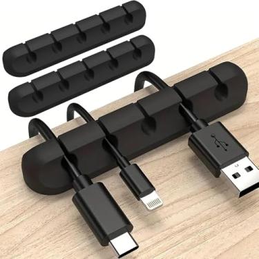 Imagem de Pacote com 3 clipes organizadores de cabos – Suportes de cabo de silicone com 5 compartimentos para fios USB, cabos de carregamento e gerenciamento de mesa em casa, escritório e carro (preto)