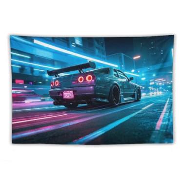 Imagem de HouLaiZhe JDM Tapeçaria de carro Jdm carro R34 sob luz neon pista pendurar na parede quarto decoração de casa tapeçarias estética piquenique decoração de parede arte de parede para dormitório sala de