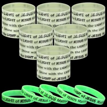 Imagem de PullCrease Pulseira com 100 peças que brilham com a luz de Jesus que brilha no escuro, pulseira de borracha de silicone Matthew 5: 16, 5 estilos de frases para festa de Halloween, Natal, suprimentos