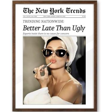 Imagem de iHery Arte de parede emoldurada de madeira de carvalho natural Hepburn Newspaper Trendy Walnut Color, 30,5 x 40,6 cm Better Late Than Ugly Vintage Headline Canvas Art, Retro Bathroom Decor Art