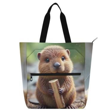 Imagem de Sacolas femininas fofas de animais castores para trabalho de lona escolar com zíper, bolsas mensageiro, presentes para amantes de livros