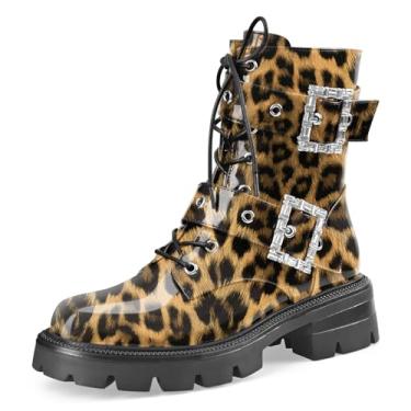 Imagem de Perisis Botas femininas de couro, plataforma, salto baixo, grosso, com cadarço, fivelas, zíper, botas de tornozelo modernas, Oncinha marrom, 41