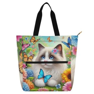Imagem de GAIGEO Linda bolsa de trabalho floral de gato Ragdoll para mulheres, bolsa de lona para livros de praia com zíper, presente infantil para amantes de livros