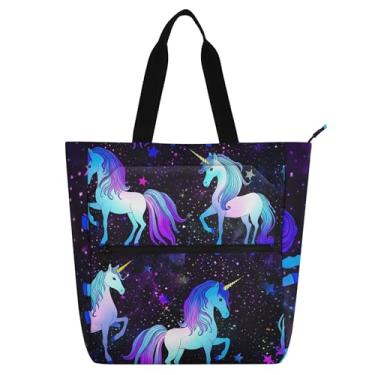 Imagem de GAIGEO Bolsa feminina com céu estrelado de unicórnio mágico, bolsa de tecido de lona, faculdade, escola, presente infantil fofo para amantes de livros