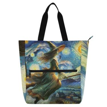 Imagem de GAIGEO Bolsa feminina de trabalho noturna estrelada floral bruxa de lona com zíper bolsa de praia fofas bolsas infantis amantes de livros