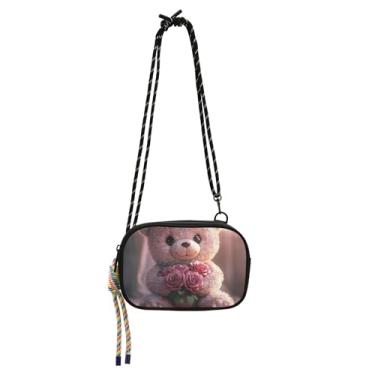 Imagem de TSENQUE Bolsas pequenas transversais femininas carteira para celular bolsa de celular estampa animal fofo urso de pelúcia rosas sobre ombro bolsas de viagem
