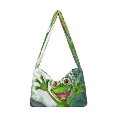 Imagem de Bolsa de ombro feminina Red Apple Fruits, bolsa tote com zíper, bolsas de livro para mulheres, Sapo de desenho verde acenando - 1, One Size