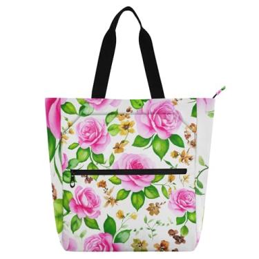 Imagem de GAIGEO Bolsa de trabalho feminina com rosas e folhas verdes em aquarela para faculdade bolsa escolar bolsas carteiro amantes de livros