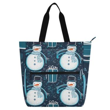 Imagem de GAIGEO Bolsa de trabalho azul para presente de Natal de boneco de neve para mulheres, bolsa de lona para escola de praia, bolsa reutilizável com compartimentos