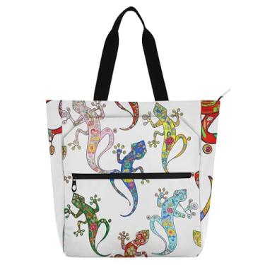 Imagem de GAIGEO Sacola branca floral colorida lagartos para crianças e mulheres, bolsa de livros com zíper, linda bolsa escolar de lona, reutilizável para trabalho e professores