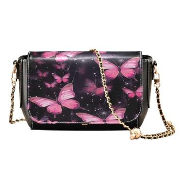 Imagem de Bolsa tiracolo feminina de couro com elementos naturais com cogumelos e elementos naturais, Borboletas rosa na cor preta-1, One Size