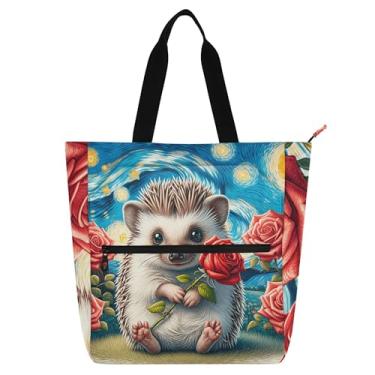 Imagem de Bolsa de trabalho feminina Starry Night Hedgehog Flower Tote Canvas Beach Book Tote com zíper lindas bolsas infantis presente para amantes de livros